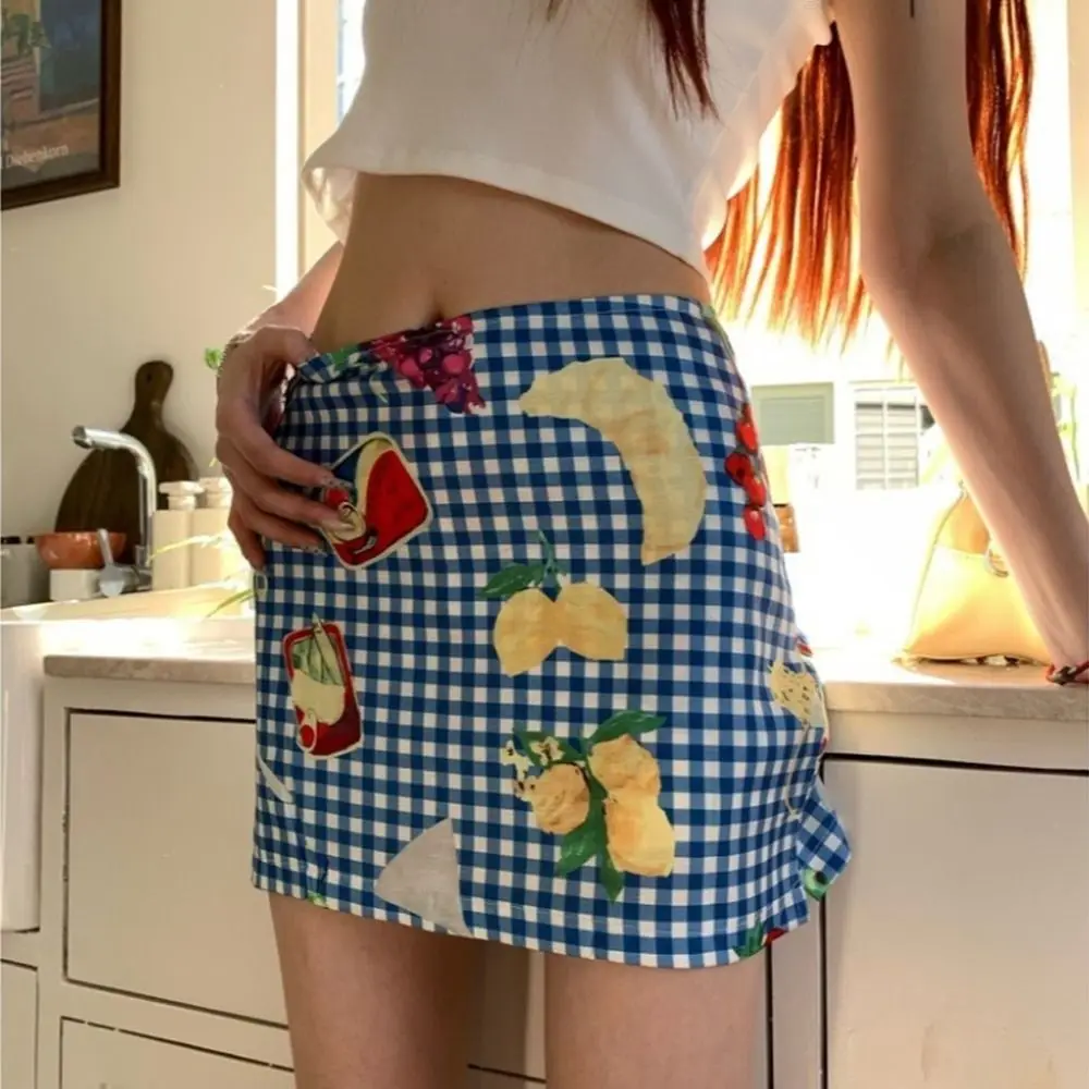 Summer New Style Blue Fruity Skirt Niche with Fruit Pattern Mini Skirt Short Printed Plaid Skirt Women Girl