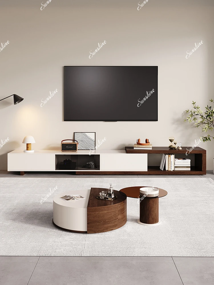 Nordic modern, TV cabinet combination Italian minimalist modern living room small apartment rotating size round coffee table