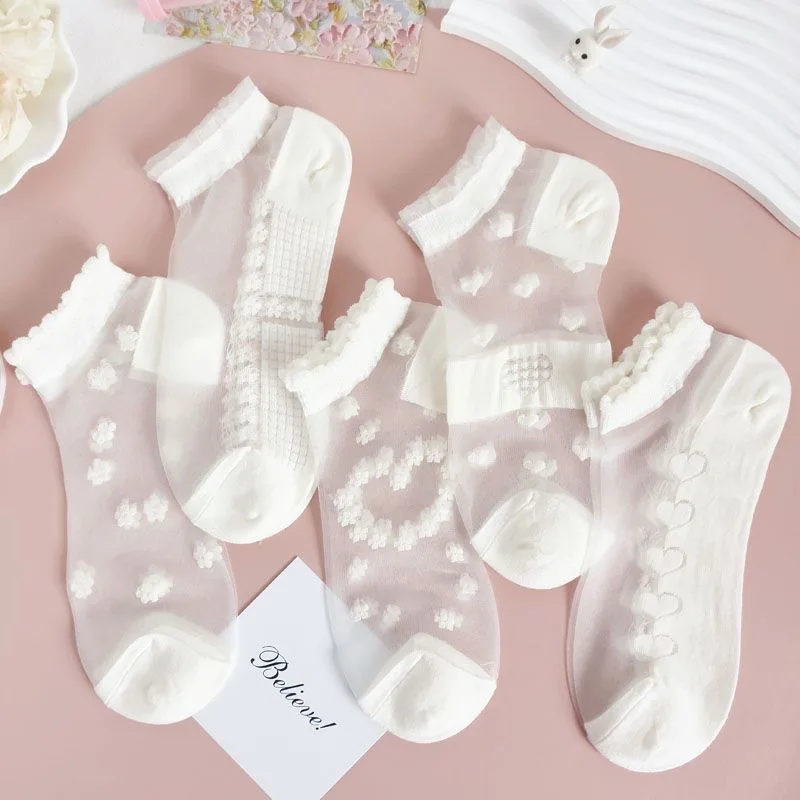5/10 Paar Damen-Socken mit Blumenmuster und Spitzenrand, Sommer, dünn, atmungsaktiv, bequem, niedlich, Blumenrand, transparent, lässige Socken – Detail 4