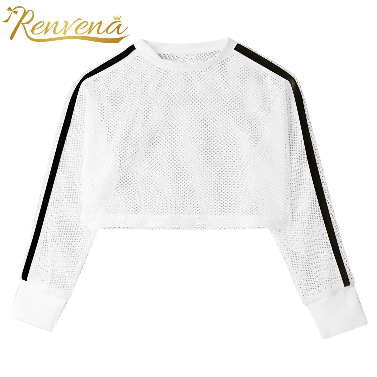 

Kids Girls Sweatshirts Children Fishnet Long Sleeve Round Neck Crop Top for Workout Running Gym Sports Tops Yoga Sportswear