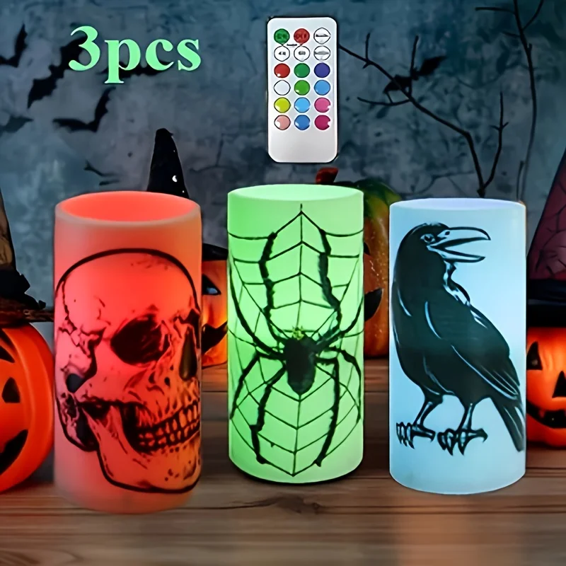 

Halloween 12-Color Led Candles, Remote Control Candles with Timer, Crow, Skeleton, Spider and Castle Witch Designs, Suitable for Home, Bedroom, Living Room, Fireplace and Party Decorations, Home Decor