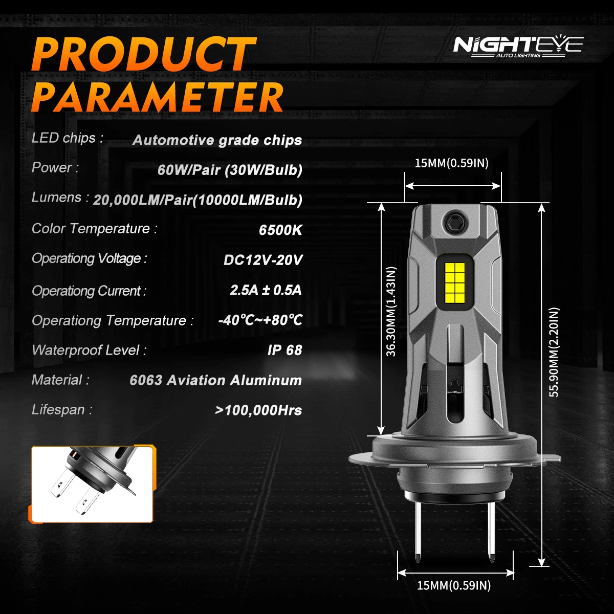 NIGHTEYE Car LED Headlights Bulb Lamp Head  H7 h7 60W 20000LM Mini 1:1 No Adapter Easy Install 7035 Chip