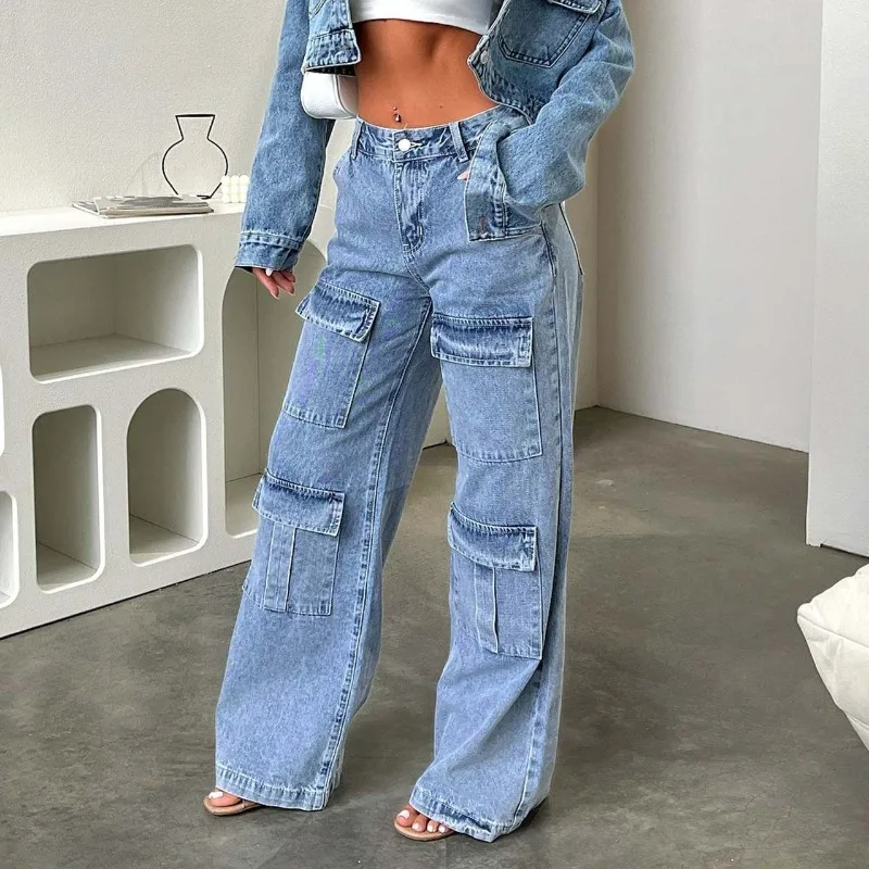 

Pockets Design Safari Straight Jeans Women Washed Vintage Casual Denim Pants