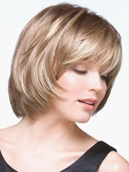 Real  Hair Light Blond Short Layered Mit Bangs Women's Natural Wig 8 Inch