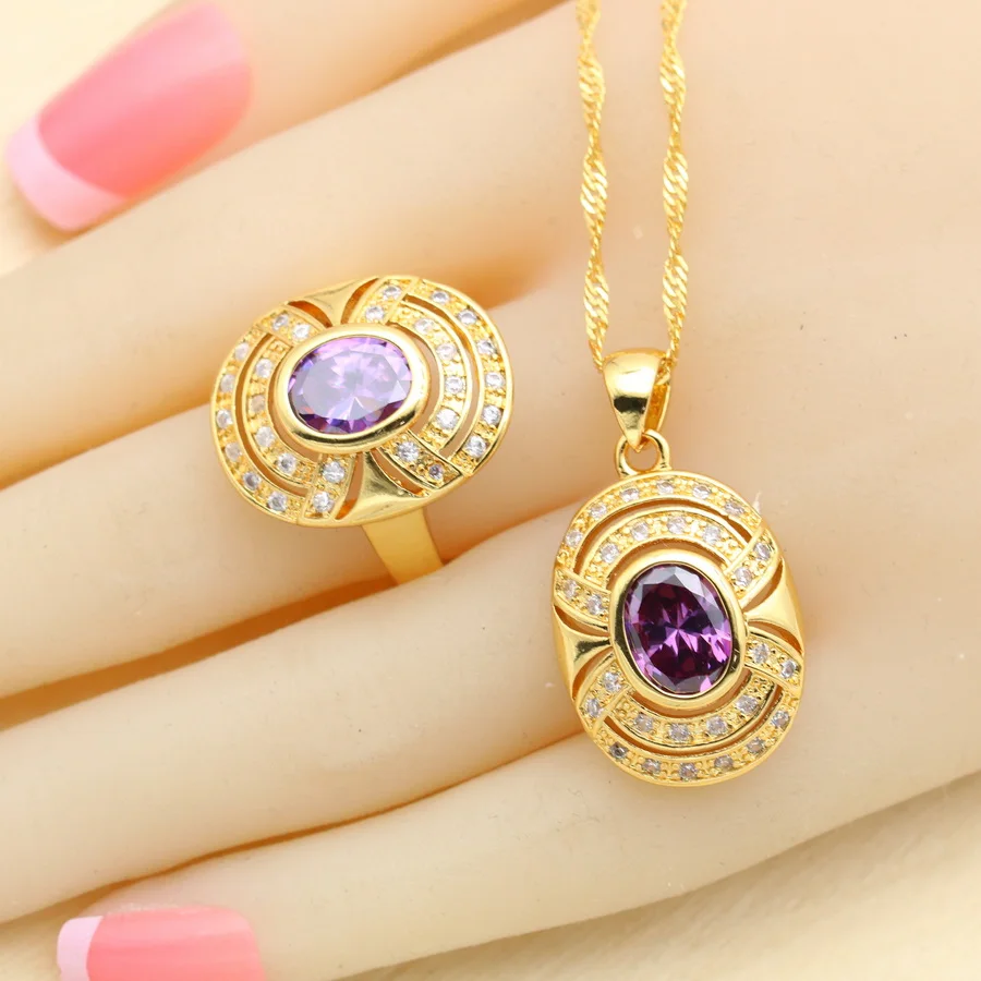 Purple Cubic Zircon White CZ Gold Color Jewelry Sets For Women Bracelet Earrings Necklace Pendant Rings Free Gift Box