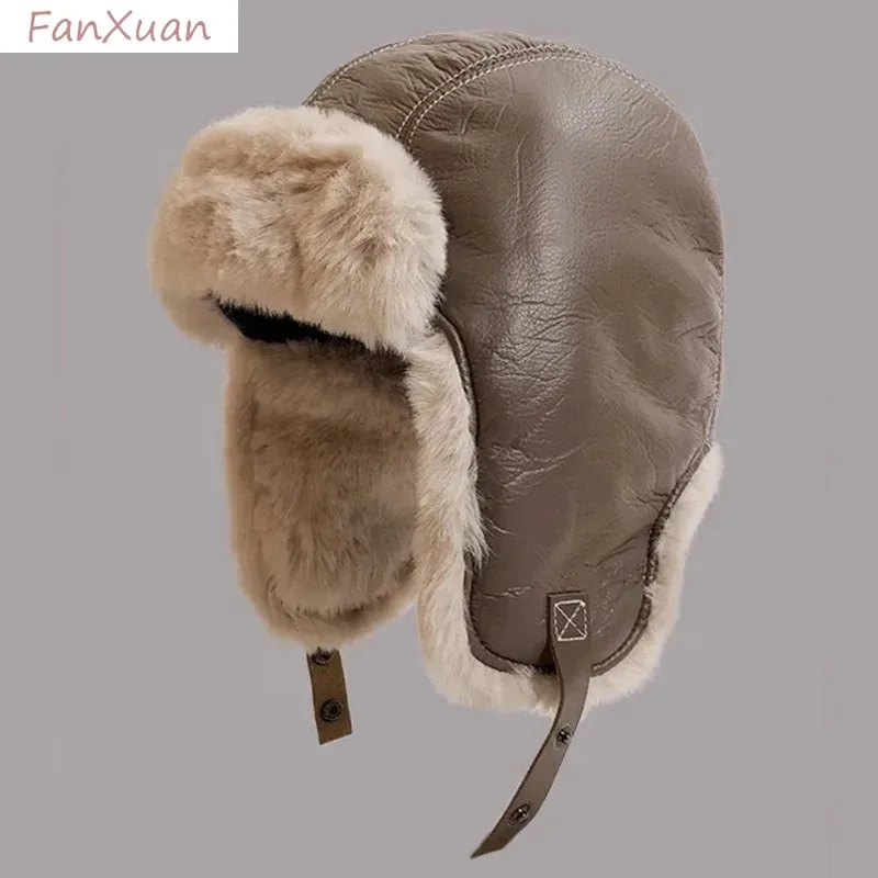 Winter Men Women\'s Pilot Aviator Bomber Trapper Hat Faux Fur Soft Leather Snow Cap with Ear Flaps Windproof Lei Feng Hat