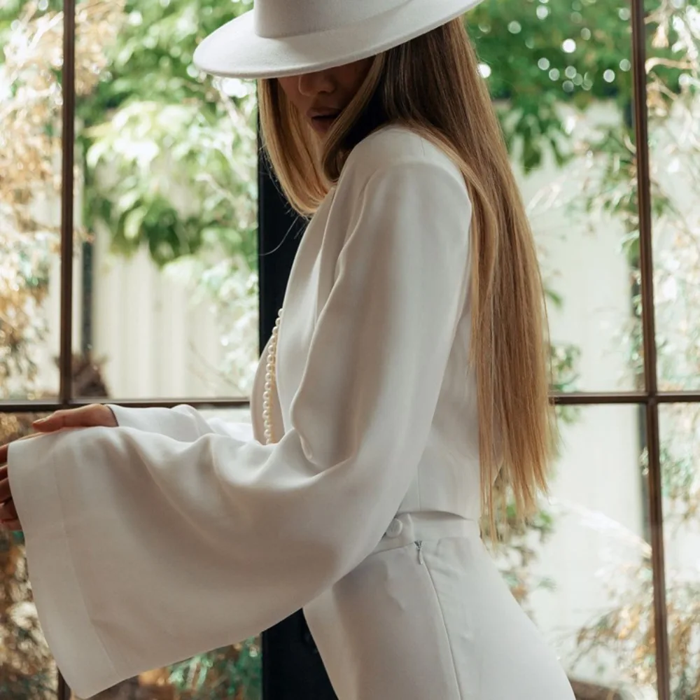 TWOTWINSTYLE Simple Fashionable Two Piece Set for Women V Neck Flare Sleeve Short Top Fishtail Long Skirt Commuting Suit Female