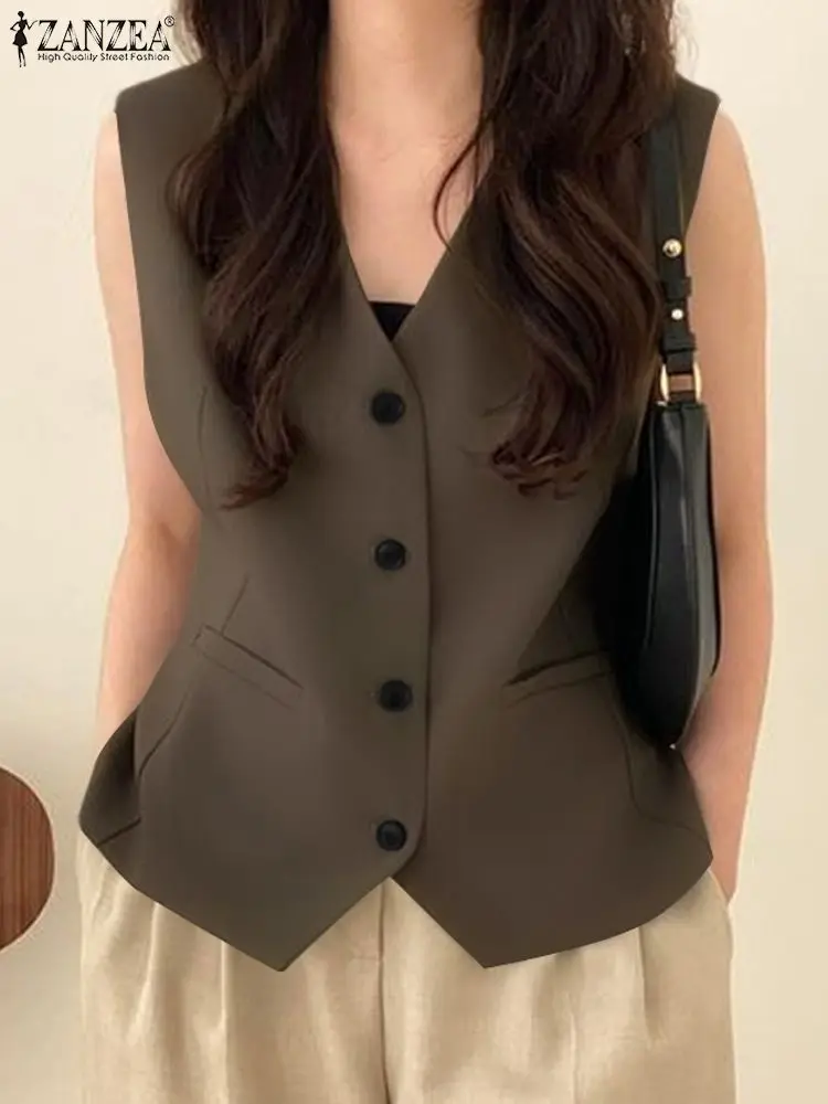 ZANZEA Women Tank Waistcoat Fashion Sleeveless Blazer Outwear Elegant Office V Neck Suit Vests 2024 Summer Khaki Tanks Oversized