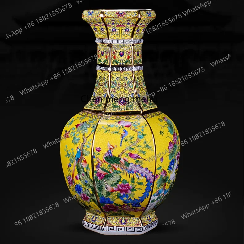 A74Qing Qianlong enamel color gold-painted blue flower and bird hexagonal bottle handicraft antique porcelain