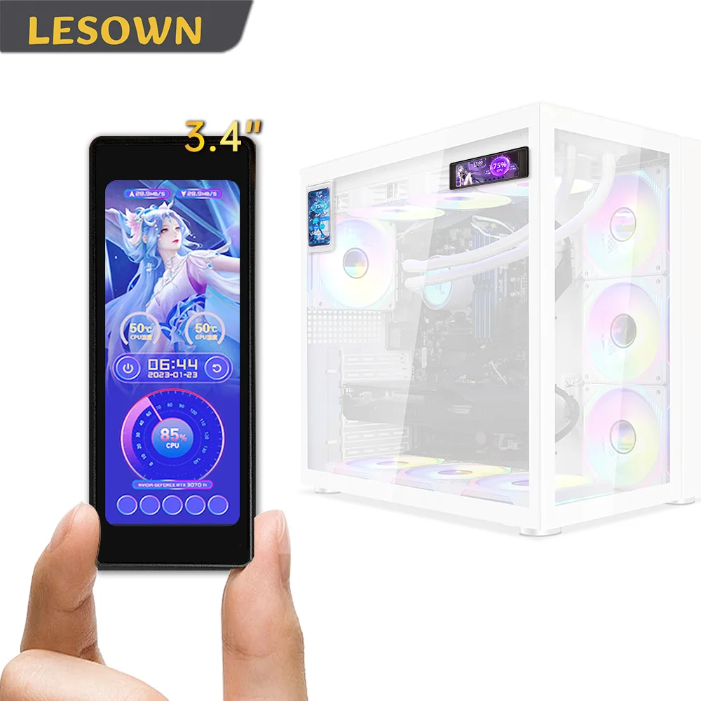 

LESOWN 3.4inch PC Temperature Display 376x960 IPS PC Sensor Panel Display Computer Temp Monitor IPS USB Mini Screen for Computer