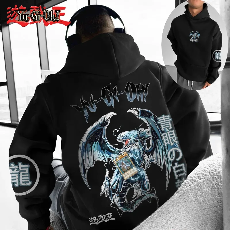Sudadera con capucha clásica Yu Gi Oh Ace Monster con estampado de dragón blanco y ojos azules para hombre, gruesa y ancha, Y2K, Halloween, COS, otoño e invierno