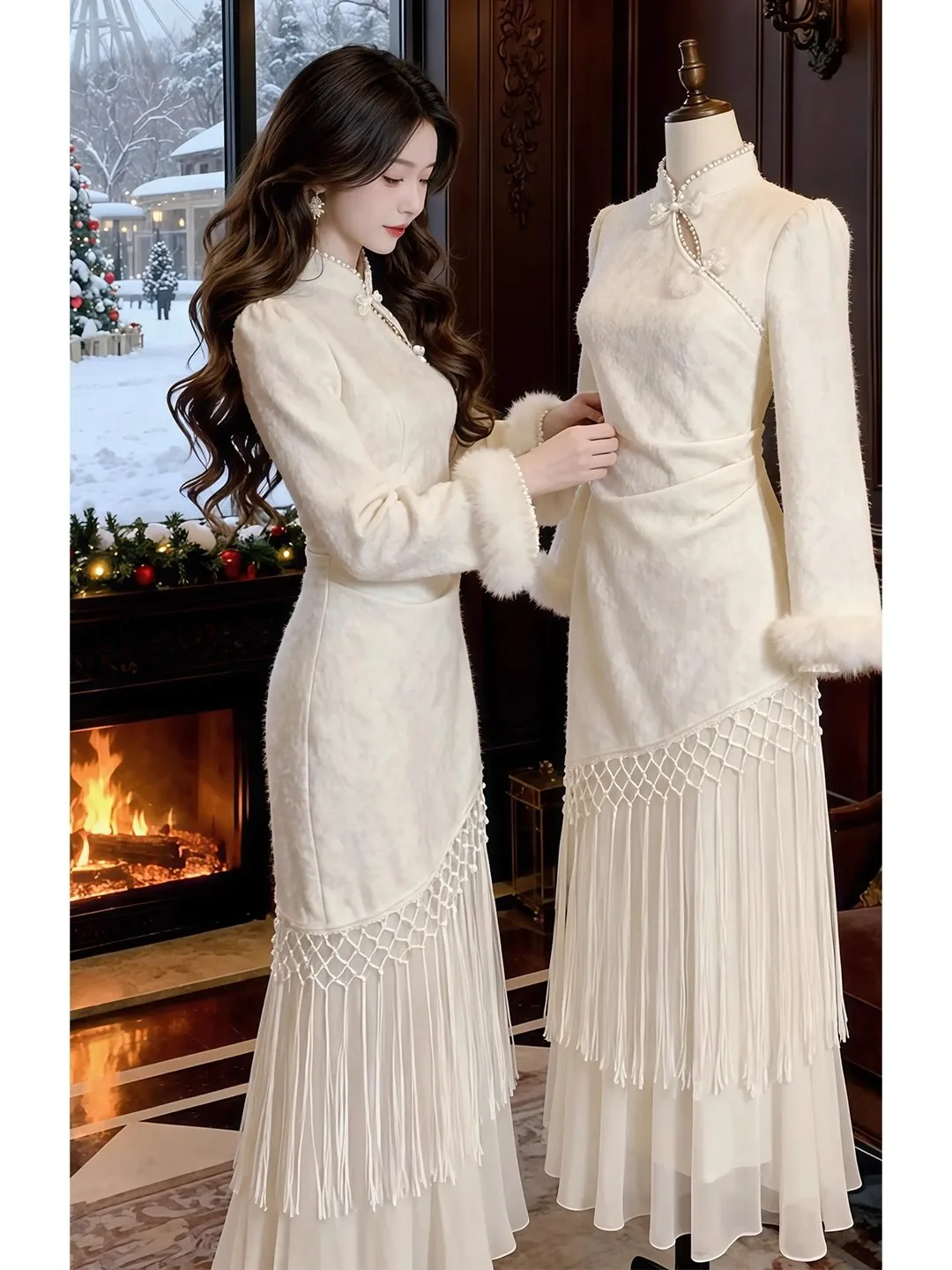 

New Chinese Sle Thiened Fce Lined Slimming High Collar Modified Dr Fake Two-Piece Gown for Women