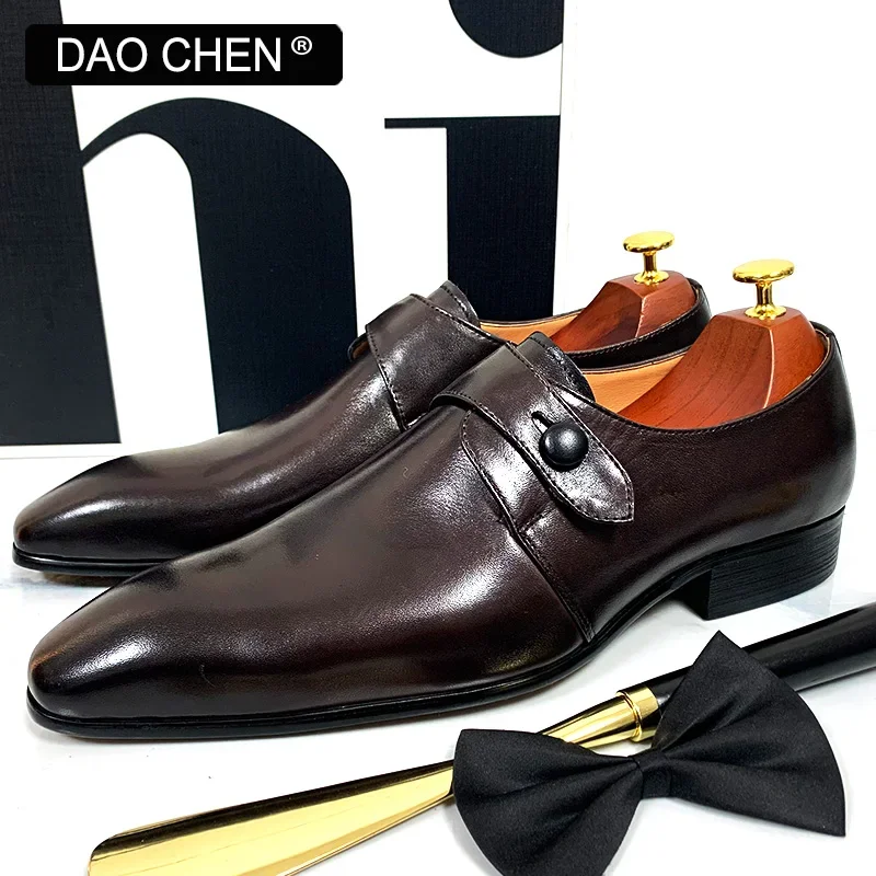 DAOCHEN MEN LEATHER SHOES BLACK COFFEE MONK STRAP LOAFERS SLIP ON LUXURY BRAND CASUAL DRESS WEDDING OFFICE SHOES FOR MEN