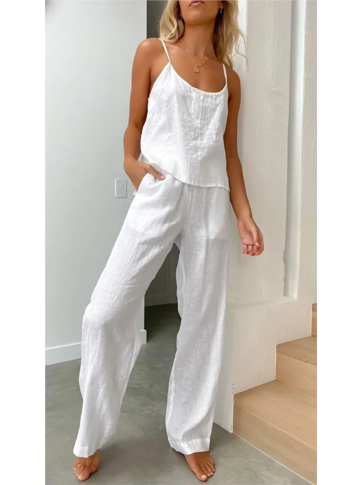 

Women's Fashion Sexy Suspender Cotton Linen Two-piece Sets Summer Casual Solid Color O-neck Sleeveless Vest Wide-leg Pants Suits