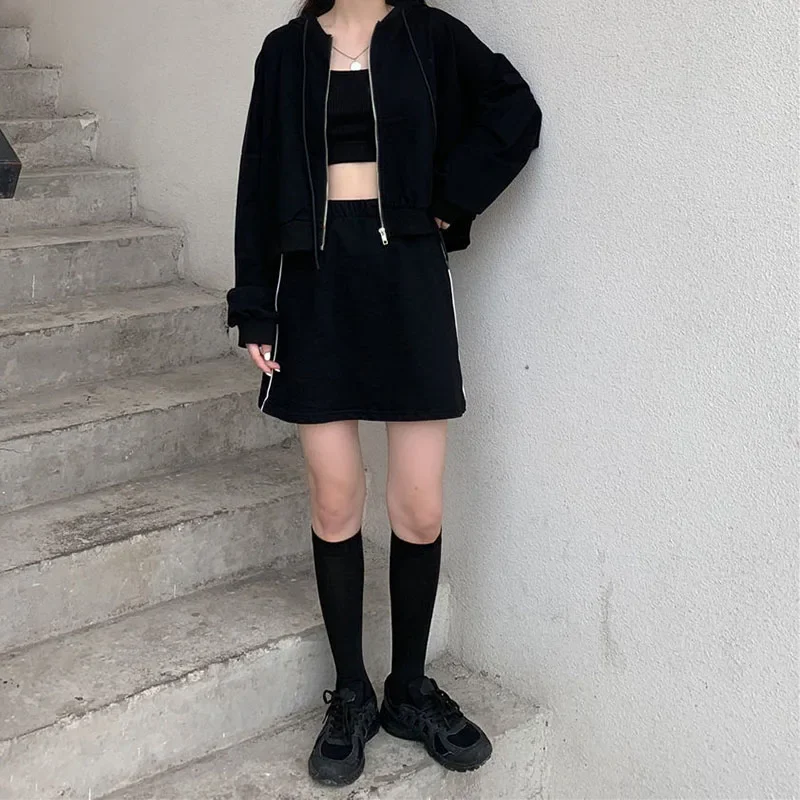 Lucyever Casual Hooded Sweatshirt Women Black Gray Y2K Zip Up Cropped Hoodies Female Harajuku Long Sleeve Loose Sports Jacket