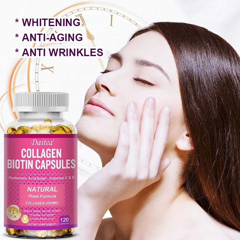 Collagen Biotin Supplement - Hyaluronic Acid Biotin Vitamin C E - Hair Skin Nails Joint Support and Energy Boost Vegan Capsules