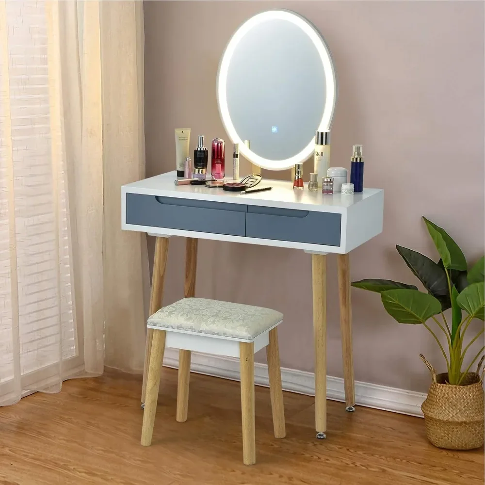 

Vanity Set with Lighted Mirror, 3 Modes Adjustable Brightness Mirror, Makeup Dressing Table with Cushioned Stool, 2 Sli