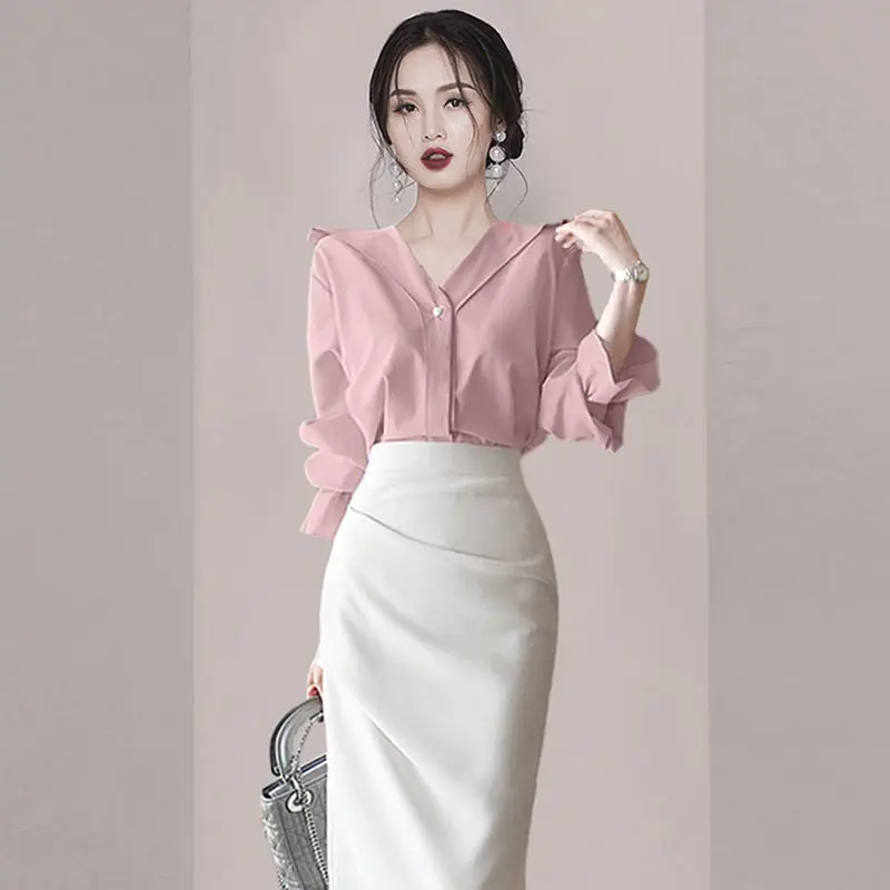 Feminine Gentle Set Of Solid Pink V-neck Ruffle Sleeve Blouse Shirt 2023 Autumn Women Long Sleeve Blouse Two Piece Of Skirt