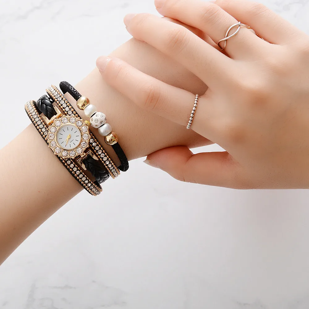 Fashion Vintage Bracelet Quartz Wrist Watch With Weave Wrap Leather Band Leaf Beads For Women Cadeau Femmes 2024 New