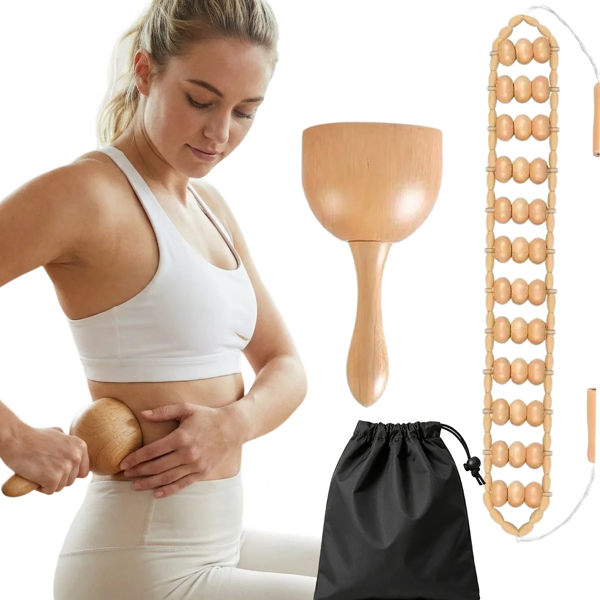 Wooden Massage Tool Set Maderoterapia Kit with Cup, Back Roller Belt & Storage Bag for Body Sculpting Anti-Cellulite