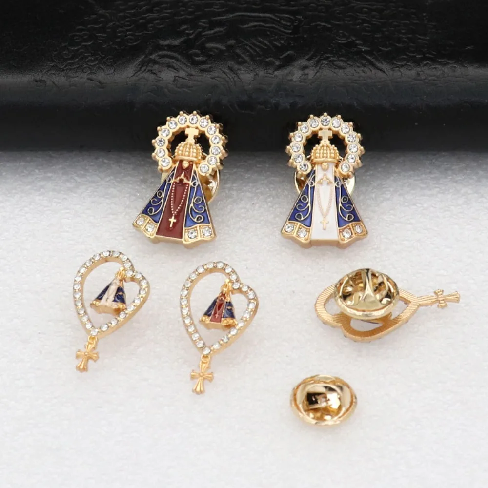 Épingles de revers Notre-Dame d'Aparecida (4/16/32 pièces), broche religieuse Vierge Marie catholique, badge religieux en forme de cœur et de croix, cadeau pour baptême et communion