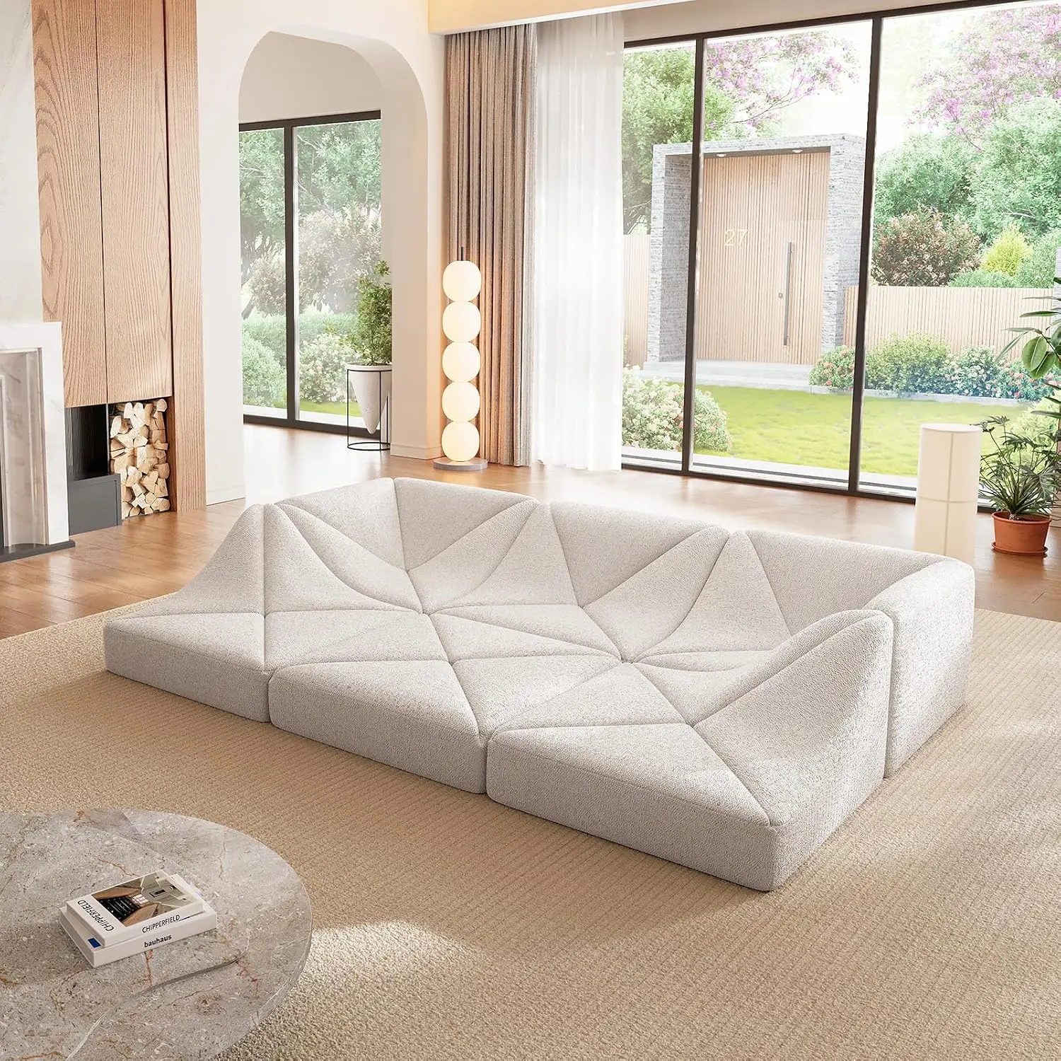Chenille Modular Sectional Sofa, Low Profile Floor Couch, DIY Convertible Set for Living Room, Cream White, 6 Pieces, Customized
