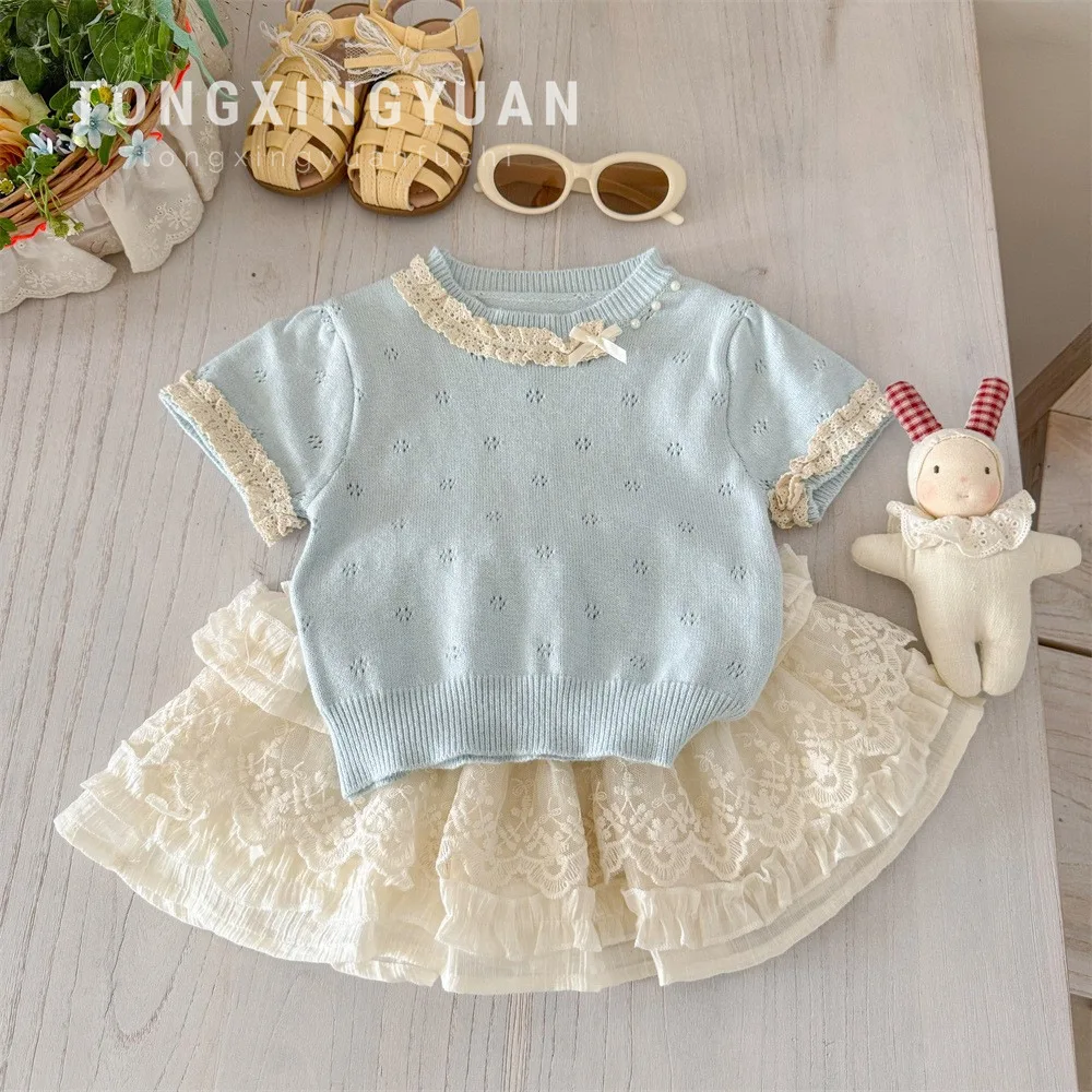 Traje de verano para niña, camiseta de manga corta tejida, falda de encaje, falda de pastel, conjunto de dos piezas, moda informal para bebé