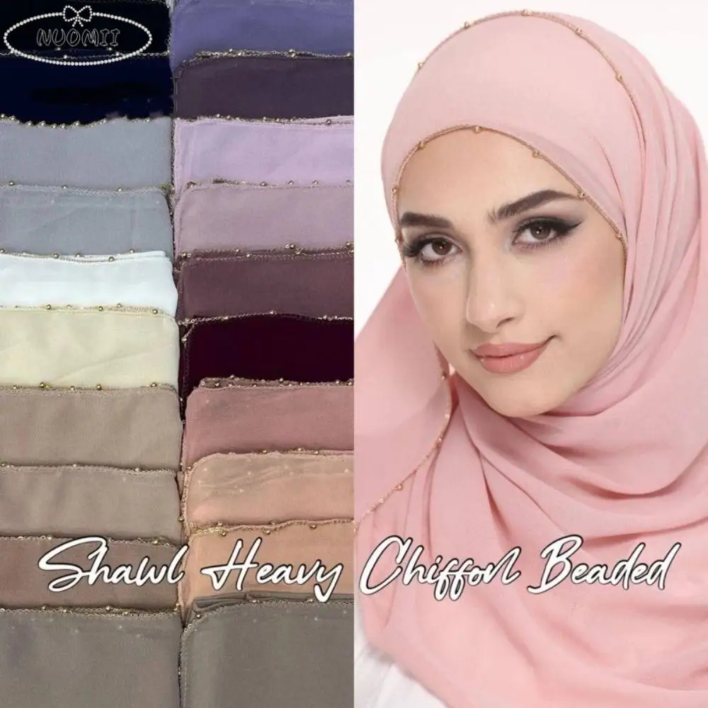 

Fashion Solid Color Ethnic Style Scarf Beads Chain Bandana Headscarf Thin Long Hijab Scarf Women
