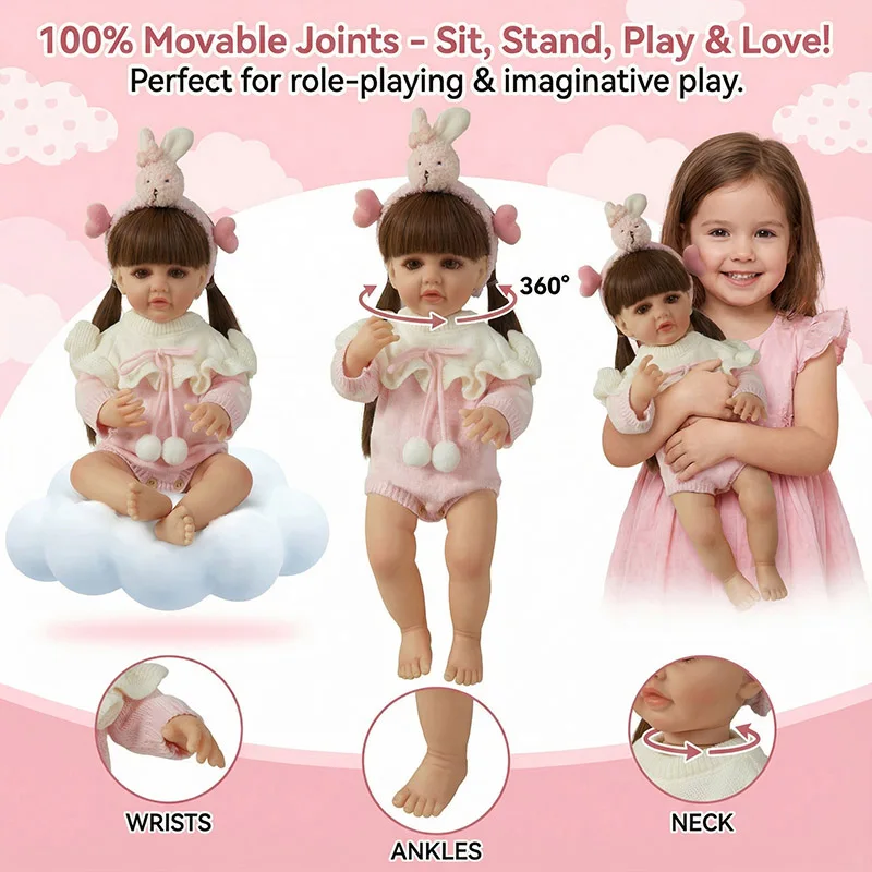 22 Zoll 55 cm Prinzessin Mädchen Betty Vollvinylkörper Neugeborene Puppe mit langen Haaren