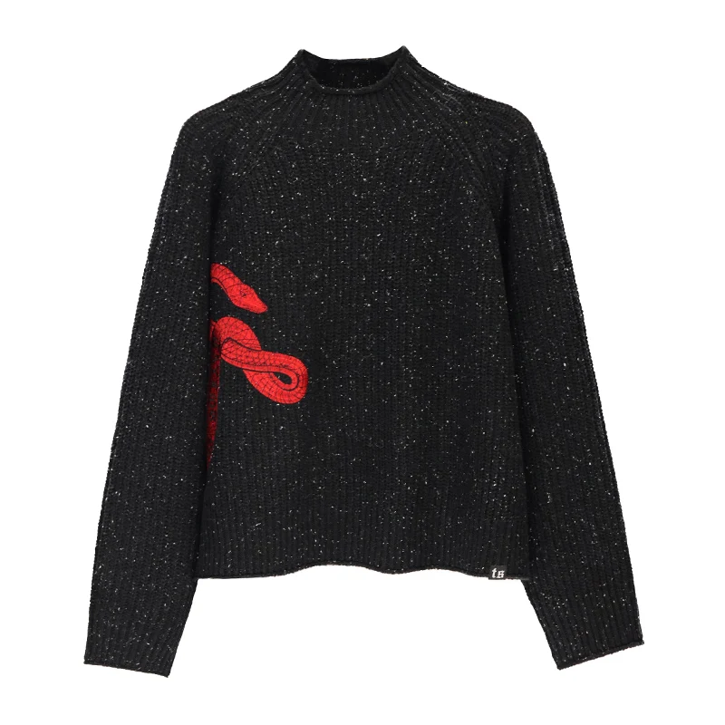 TS Reputation Mockneck Cropped Knit Sweater Snake Embroidery Women Pullover Autumn Winter Warm Thick Knitwear Coat Taylor's Tops