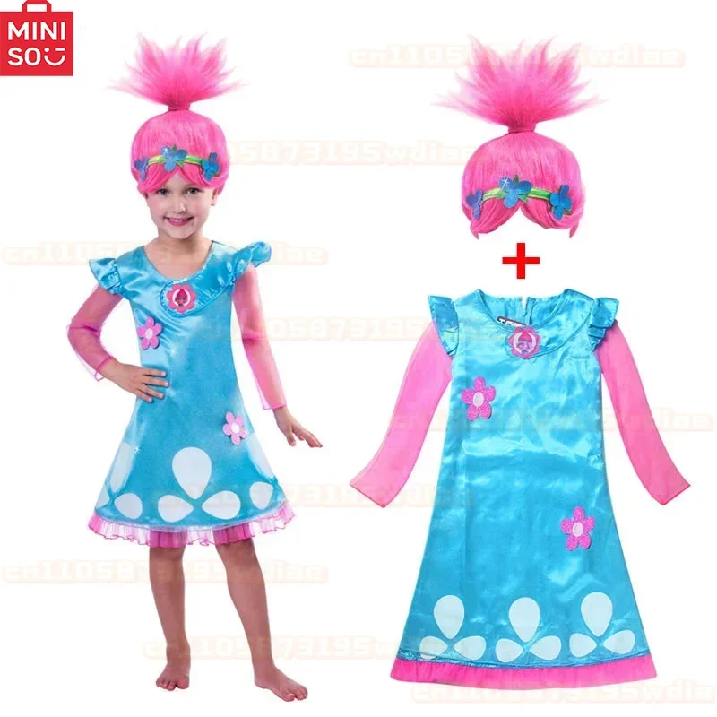 

Baby Girls Dresses Trolls Poppy Cosplay Costumes Summer Dress For Girls Halloween Kids Fancy Birthday Party Dress with Wig Set
