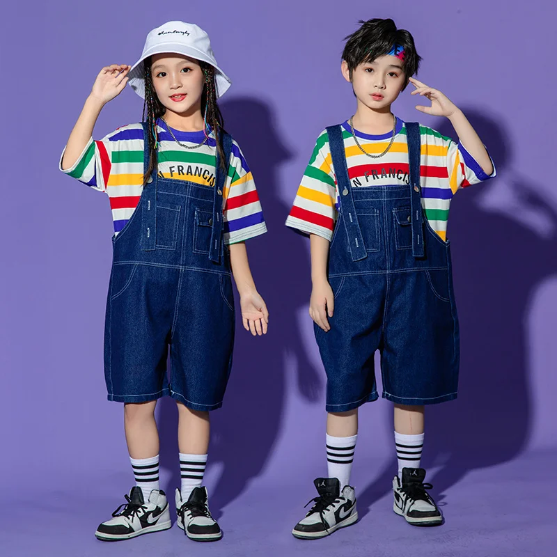 

Boys' street dance trendy clothing, children's drum performance clothing, hip-hop girls' suspender pants set, trendy holographic