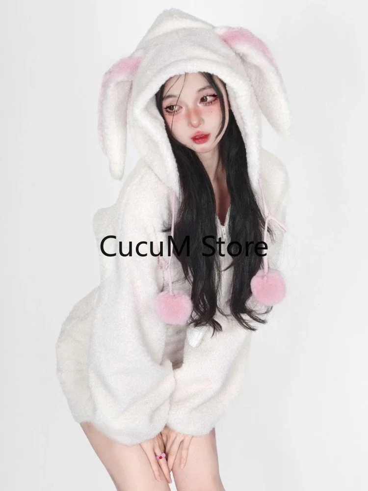 2024 New White Lolita Kawaii Two-piece Set Women Fluffy Casual Korean Style Cute Skirt Suit Hooded Top + Sweet Mini Skirt Chic