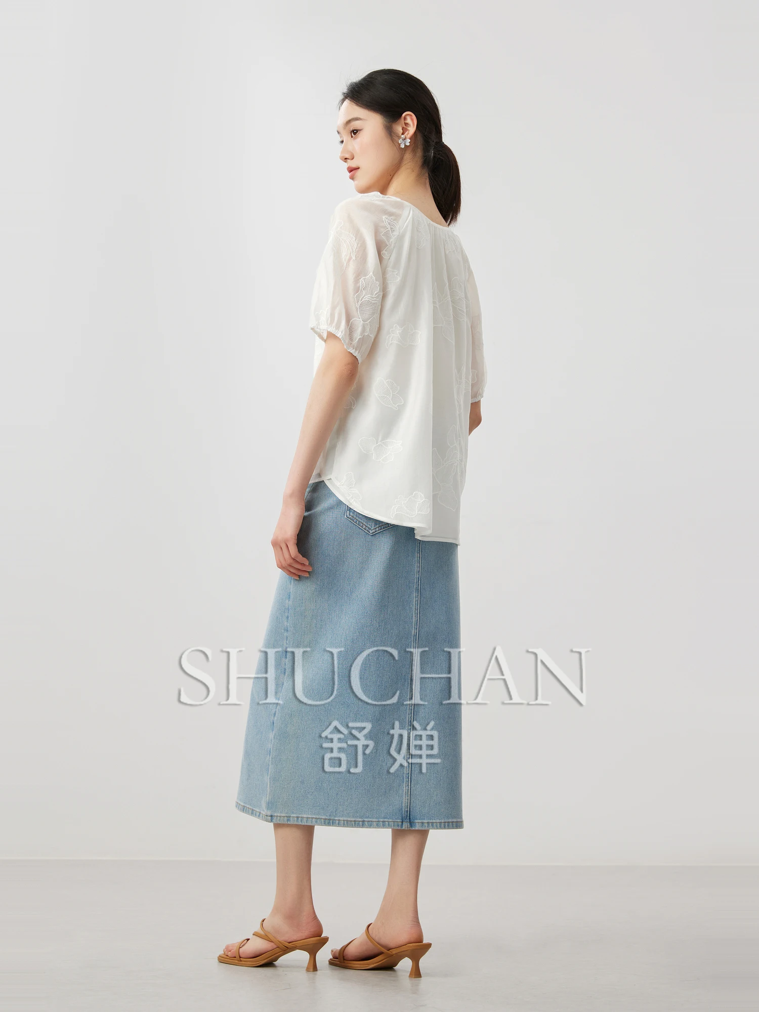 Good Quality 25 Charlessel Blended Begonia Embroidered Bubble Sleeve Short Lace-Up Delicate Shirt Womens Tops