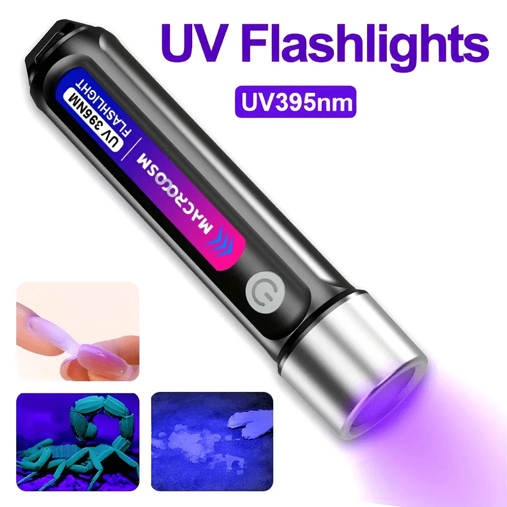 

395nm UV LED Flashlight, USB Charging Black Light, Multi-use Detector for Urine, Scorpion, Resin, Nail, Camping & Fishing