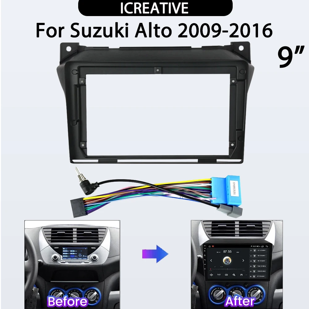 For Suzuki Alto 2009-2016 9inch Car Radio Panel Kit Power Cable Car Accessories Central Control Multimedia Bezel Frame Panel