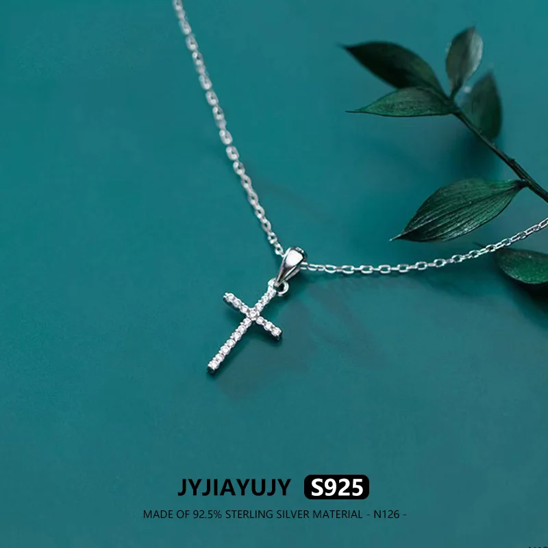 JYJIAYUJY 100% Sterling Silver S925 Necklace Cross Shape White Zircon Casual Trendy Hypoallergenic Female Fine Jewelry Gift N126