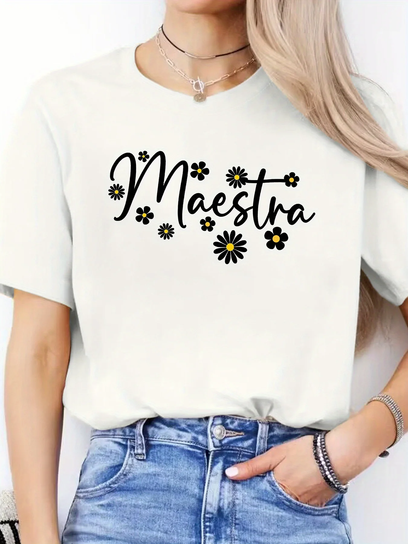 Women's Spanish Alphabet & - Letter Print T-Shirt - Spanish Language Learning, Casual Round Neck Short Sleeve Blouse