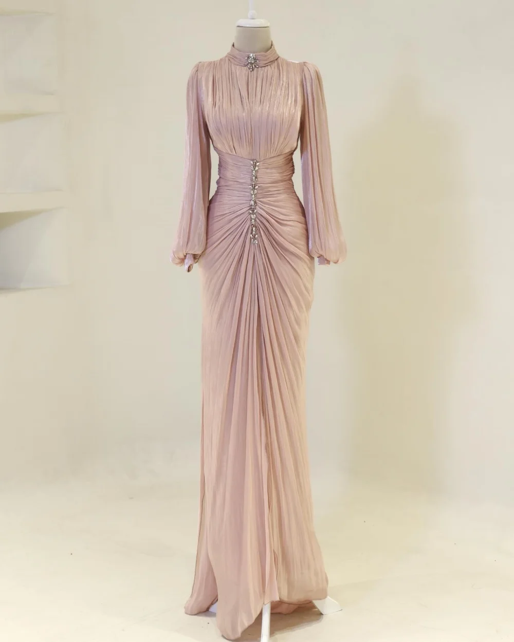 

Customized Modest Fashion Chiffon Pleat Draped Rhinestone Straight High Collar Floor-Length Evening Dresses For Birthday Party