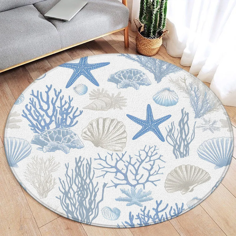 Sea Underwater Round Rug Home Carpet Sea Turtle Dolphin Starfish Coral Kid Bedroom Living Room Sofa Floor Mat Flannel Area Rug