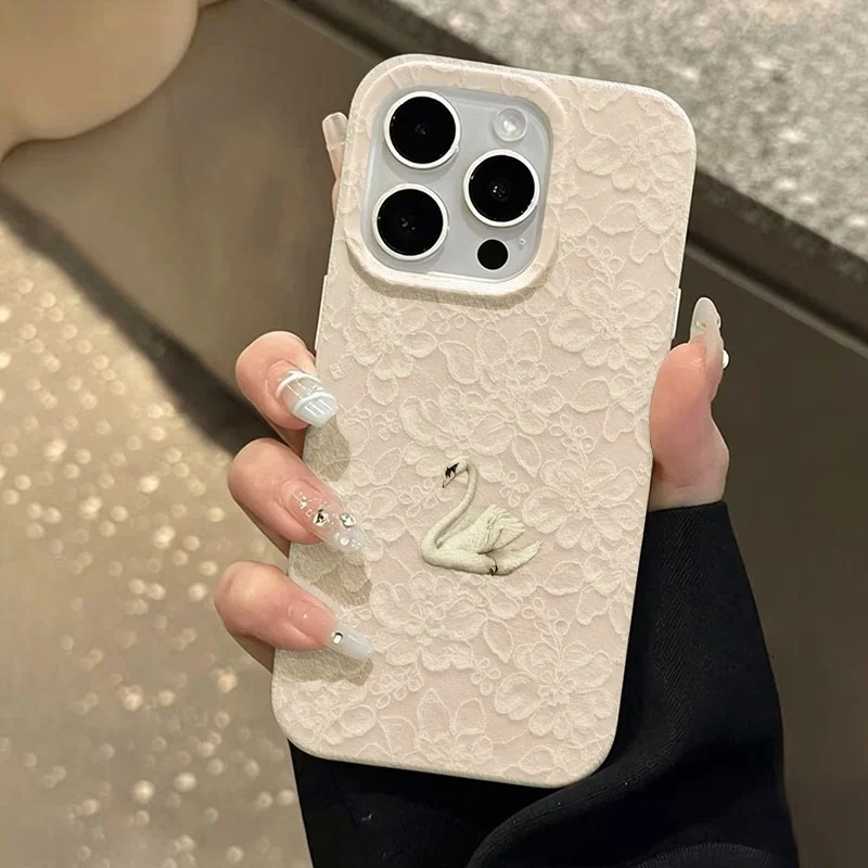 Lace Swan Pattern Lychee Texture Phone Case For iPhone 17 16 15 Pro 14 13 12 11 Pro Max 16 15 14 Plus 17 Air Silicone Soft Cover view 6