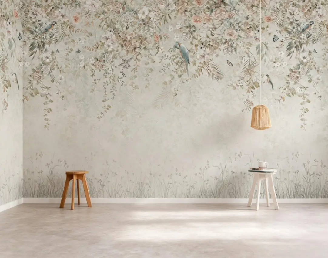 Customized photo wallpaper retro light pink floral branch flower bird mural bedroom TV background wall decoration 3d wallpaper