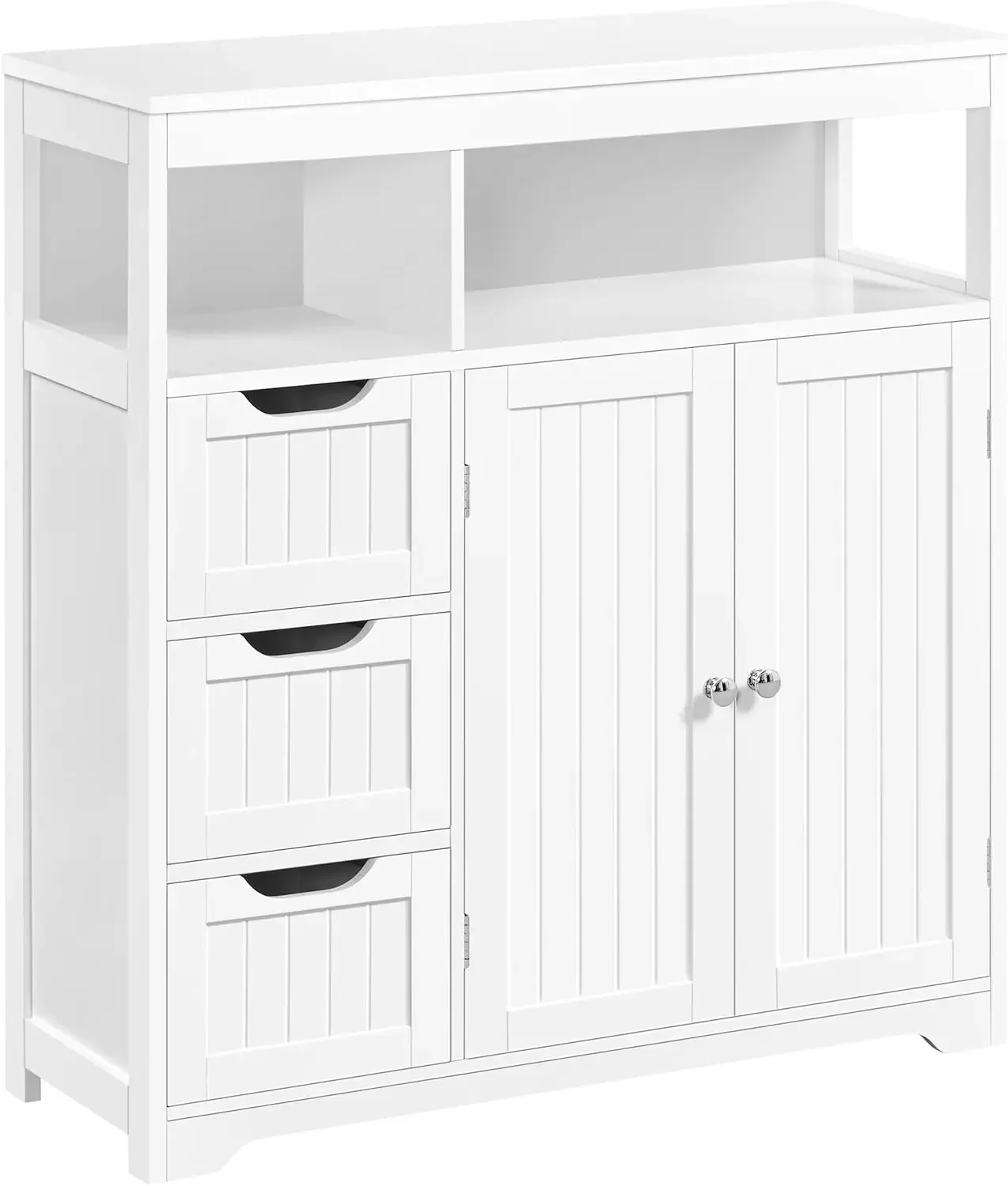 Bathroom Floor Cabinet, Wooden Storage Organizer with 3 Drawers and 2 Open Shelves, Freestanding Storage Cabinet