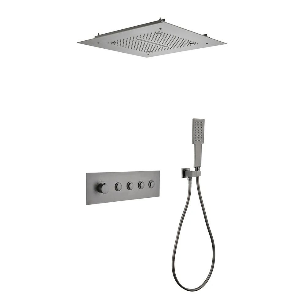 Cabezal de ducha oculto Sky Canopy de 400x400 mm con cuatro funciones, control termostático de temperatura, interruptor de botón de cobre,