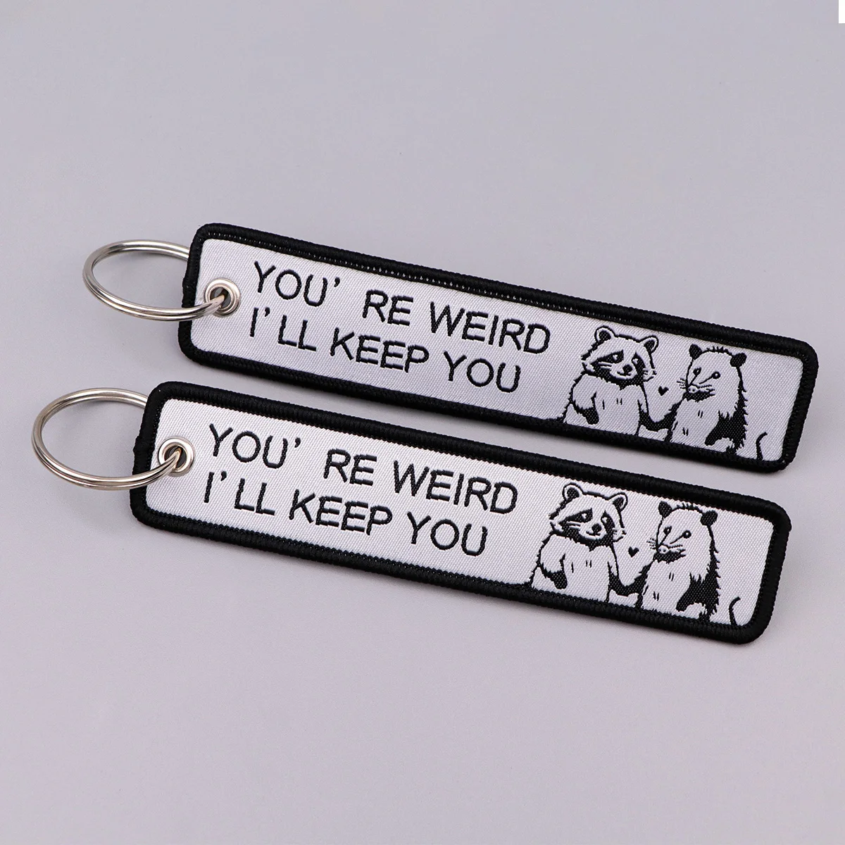 

Cartoon Raccoon & Opossum Embroidery Key Fobs Quotes Keychain For Motorcycles Cars Key Ring Key Pendant Key Tags Chaveiro Gift
