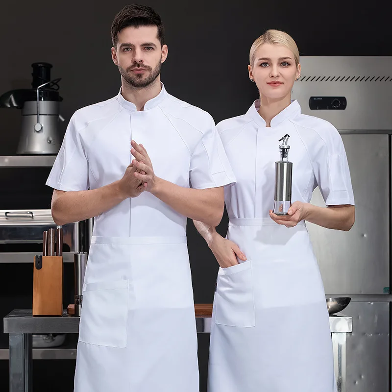 Uniforme de trabajo de cocina para restaurante de Hotel, chaqueta de Chef de manga corta, abrigo de cocina blanco de verano para Chef de pastelería y panadería