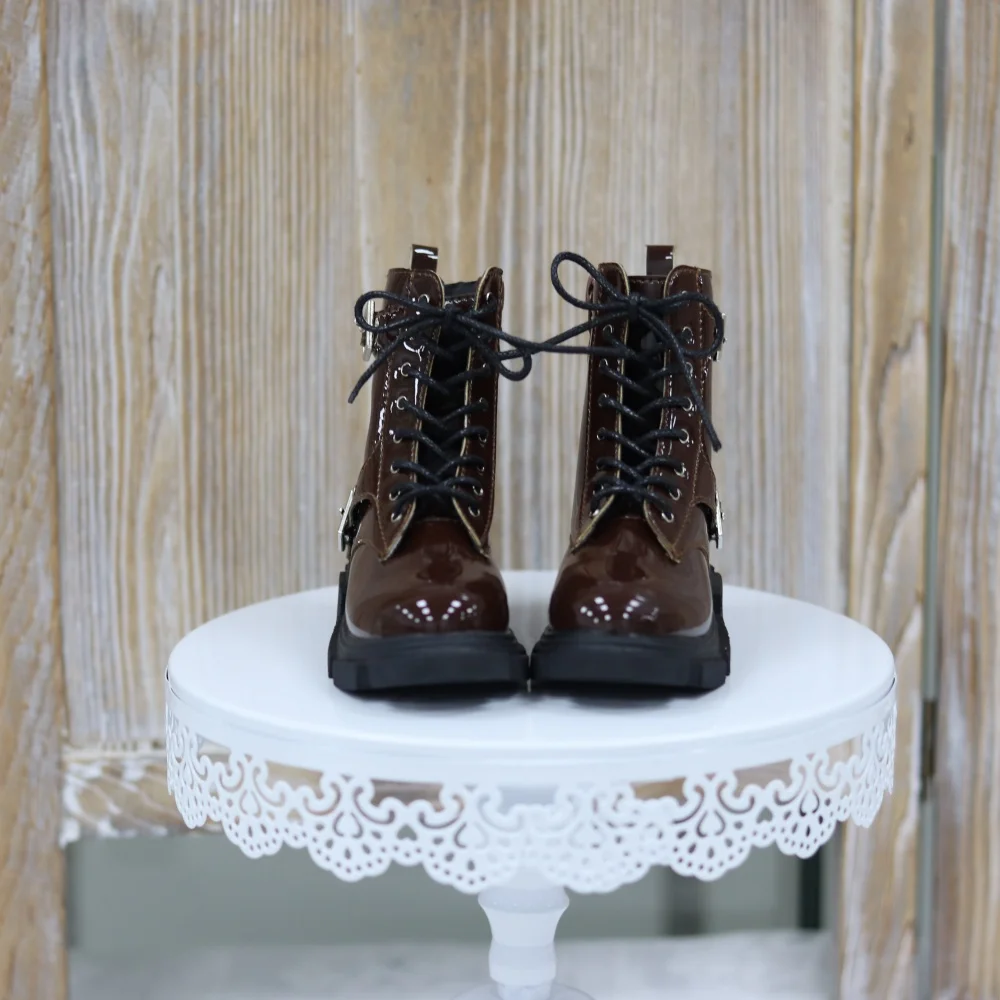 BJD Doll Shoes IID75 Patent Leather Glossy Black Brown Cross Buckle Lace-up Ankle Boots Thick-soled Round Toe Doll Accessories