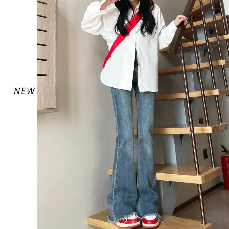 

Джинсы-колокольчики с потертым краем в стиле ретро, женские модные эластичные брюки-колокольчики с высокой талией, весенние хлопковые эластичные джинсы