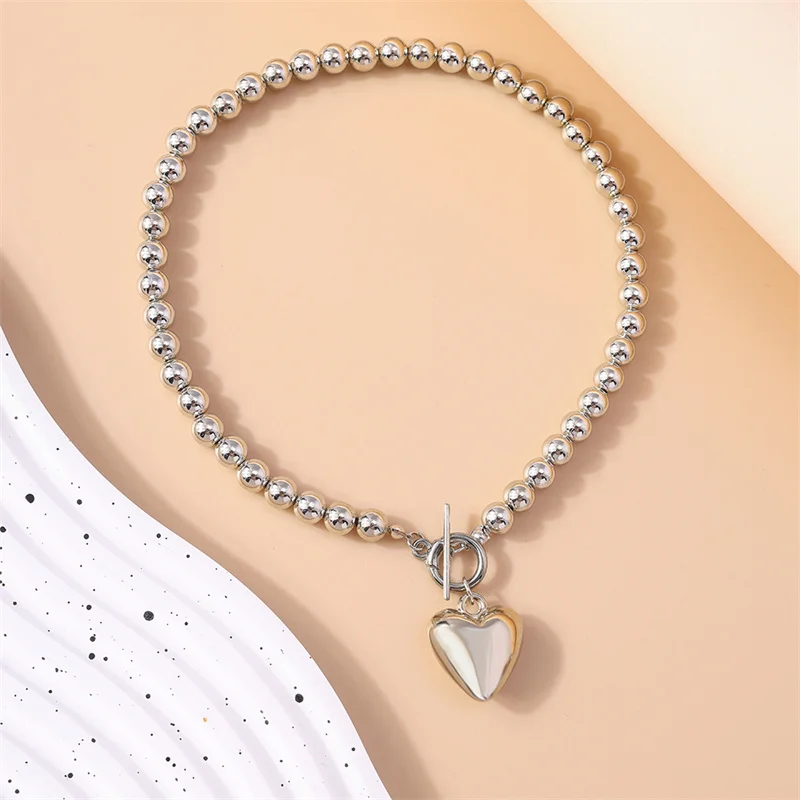 Aihua Silberfarbene CCB-Perlen Liebesherz-Anhänger Halskette für Frauen Gotische Herz-Halskette Choker Y2K Schmuck Geschenke – Detail 1