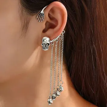 Skeleton Hand & Skull Tassel Ear Cuff Earring